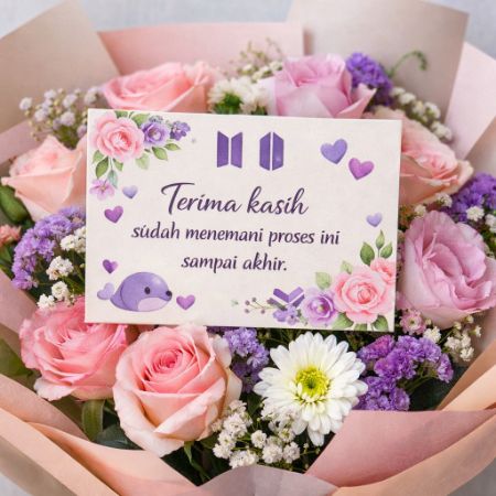 bunga dengan kartu ucapan random tapi sweet