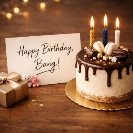 Kartu “Happy Birthday, Bang!” dan kue cokelat elegan dengan lilin menyala.