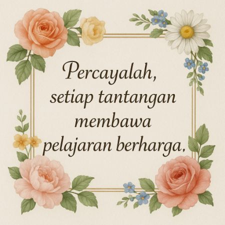 Kartu ucapan dengan tulisan “Percayalah, setiap tantangan membawa pelajaran berharga.”