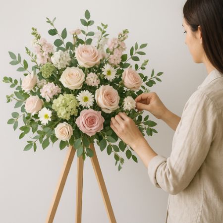 Florist sedang merangkai bunga standing untuk acara pernikahan.