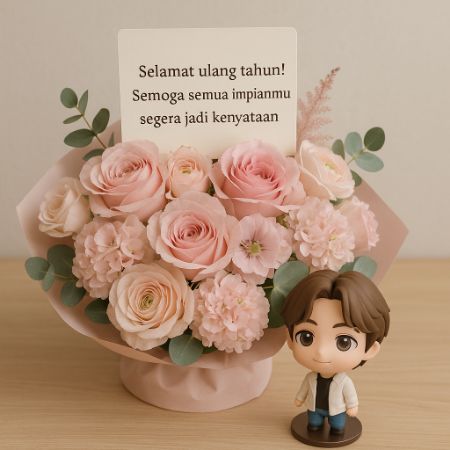 Buket bunga mawar dan hydrangea nuansa pink dengan kartu ucapan ulang tahun di atas meja kayu.
