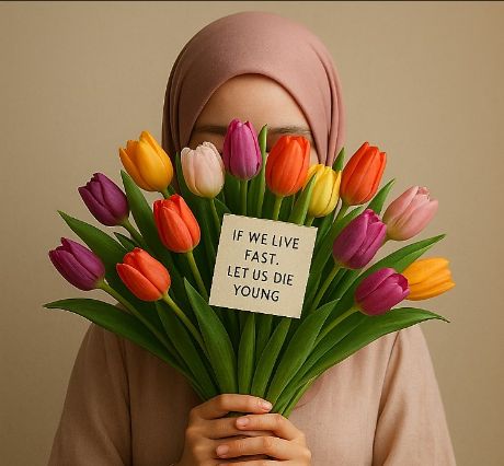 Seorang wanita memegang buket tulip besar yang menutupi wajahnya