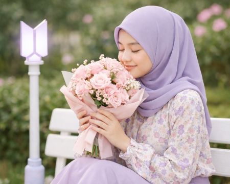 seorang gadis menghirup aroma bunga segar di taman