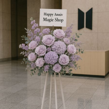 standing flower soft purple ucapan happy anniversarry di lobi gedung