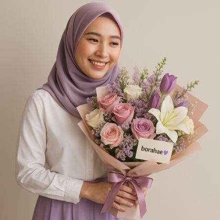 seorang wanita menerima buket bunga dengan bahagia