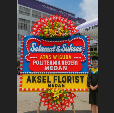 Papan bunga wisuda Politeknik Negeri Medan di halaman kampus bersama wisudawati