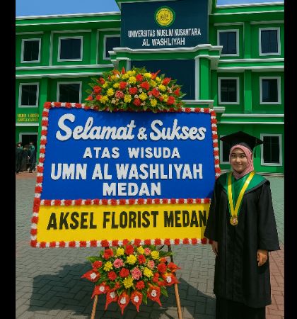 Papan bunga ucapan wisuda UMN Al Washliyah Medan dengan mahasiswi memakai toga di sebelahnya