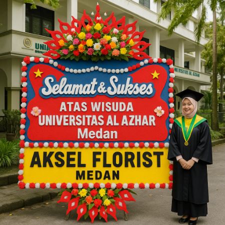 Papan bunga ucapan Selamat & Sukses atas Wisuda Universitas Al Azhar Medan dari Aksel Florist Medan, dengan latar kampus dan mahasiswi berjilbab mengenakan toga wisuda.