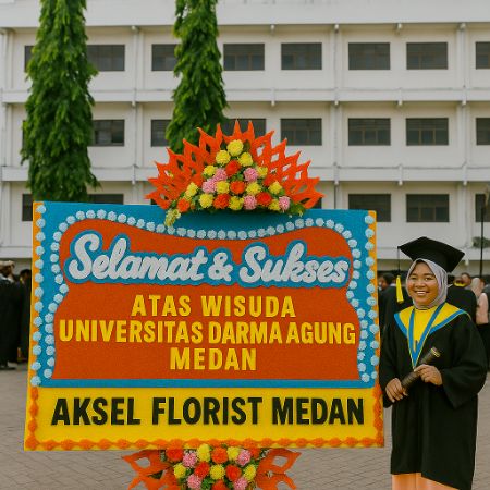 Mahasiswa sedang merayakan wisuda di depan gedung Universitas Darma Agung Medan, dengan suasana meriah dan beberapa papan bunga berwarna-warni di sekitarnya.