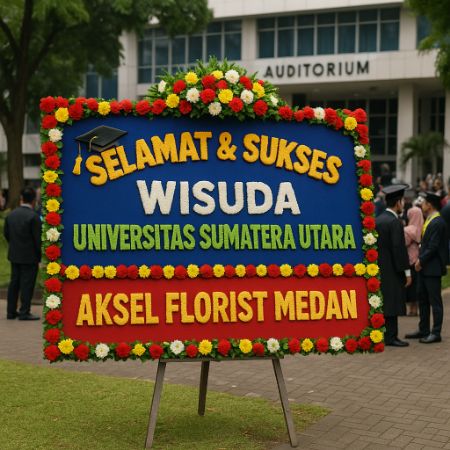 Papan bunga wisuda di depan Auditorium USU bertuliskan ucapan selamat