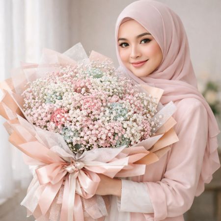 wanita cantik memegang karangan bunga baby's breath