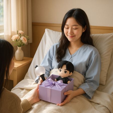 Seorang pasien wanita tersenyum di tempat tidur rumah sakit sambil menerima kotak kado di ruangan hangat dengan bunga meja dan cahaya matahari.